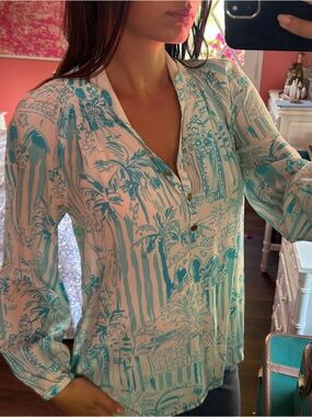 Lightweight White Blouse with Teal Scenic Print